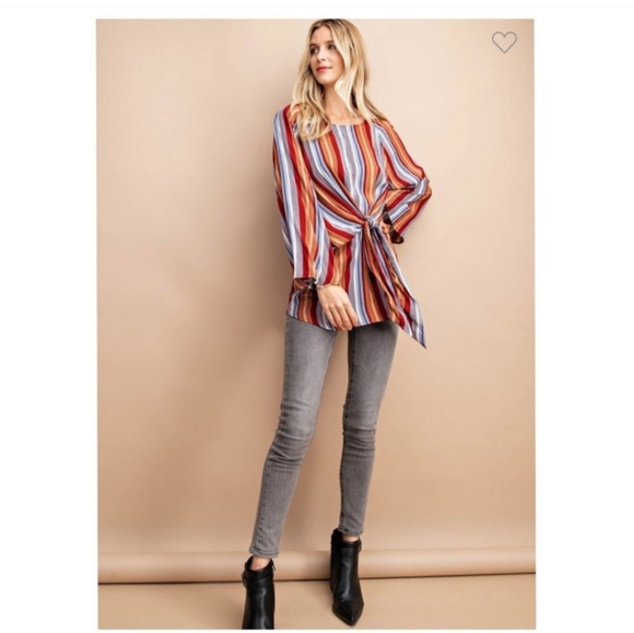 KORI BOHO Tie Detail Mocha Striped Tunic - Picture 3 of 16